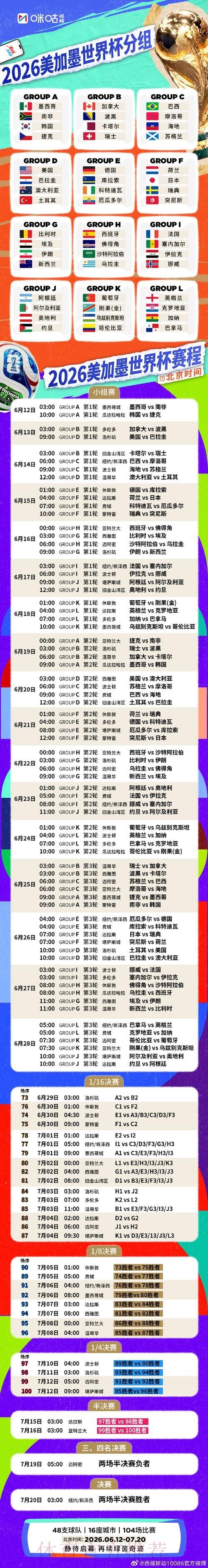 2026世界杯比赛完整时间表 2026世界杯比赛完整时间表